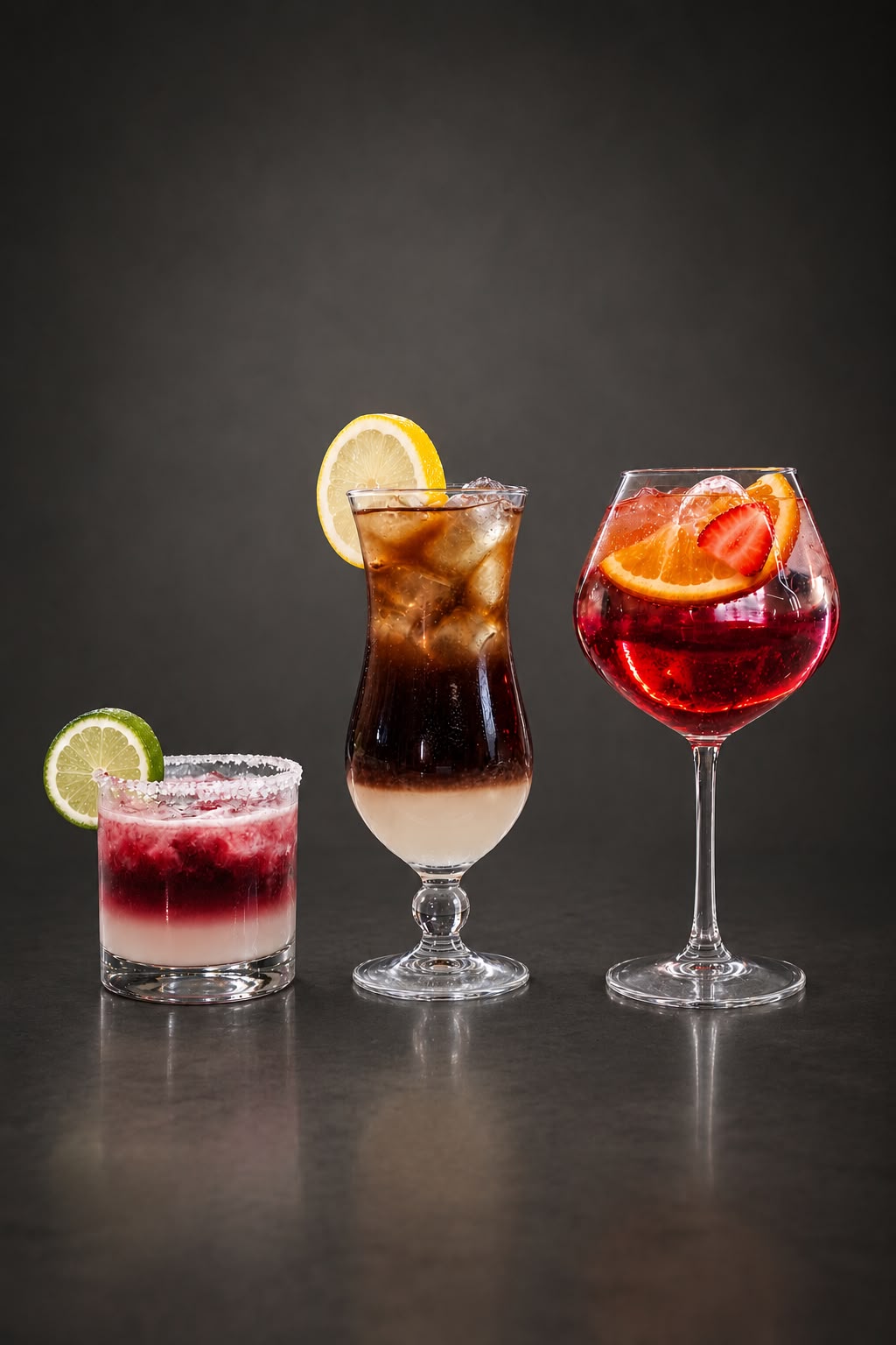 Trio of signature KRO Café cocktails garnished with citrus and berries